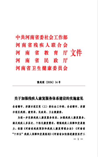 图为五部门联合下发加强省市县乡村五级康复服务体系建设实施意见